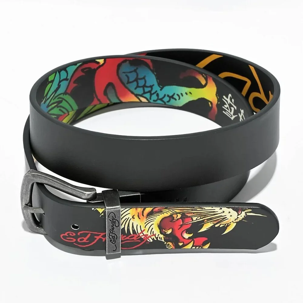 NEW Ed Hardy Tattoo Dragon & Tiger Black Reversible Belt Sz 36